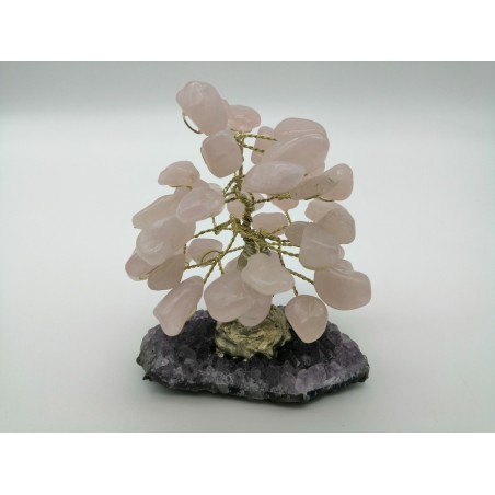 ALBERO DELLA VITA CON BASE DI AMETISTA E CHIPS DI QUARZO ROSA