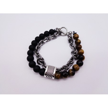 BRACCIALE IN ACCIAIO E PIETRE NATURALI OCCHIO DI TIGRE E ONICE NERO