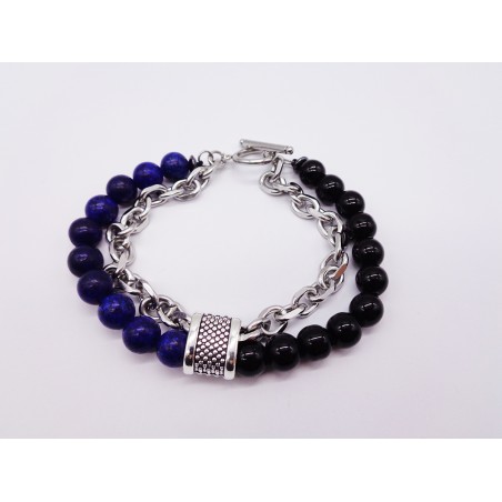 BRACCIALE IN ACCIAIO E PIETRE NATURALI LAPISLAZZULI E ONICE NERO