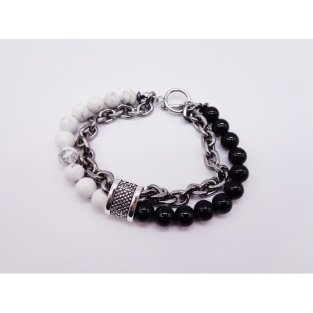 BRACCIALE IN ACCIAIO E PIETRE NATURALI TURCHESE E ONICE NERO