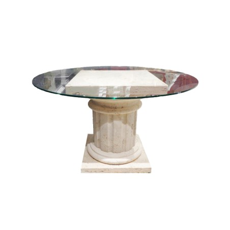 TAVOLINO IN TRAVERTINO CON PIANO ROTONDO IN VETRO