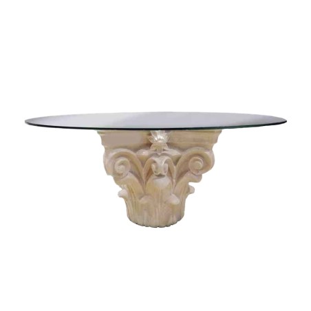 TAVOLINO IN CREMA MARFIL CON PIANO ROTONDO IN VETRO